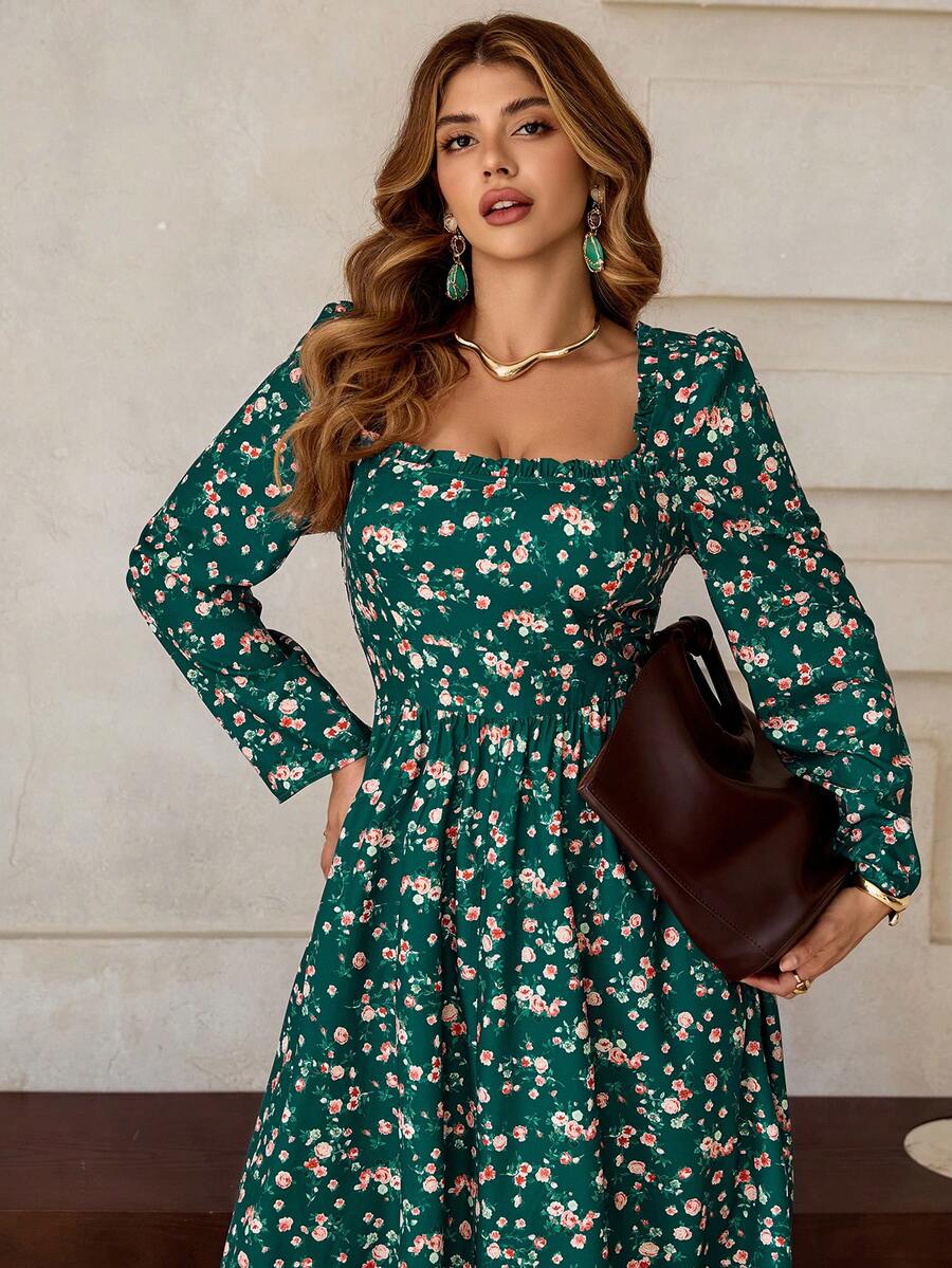 Roveilla Plus Size Elegant Ditsy Floral Long Dress,Women's Dark Green Long Sleeve Bohemian Maxi Dresses,Autumn Cottagecore Floral Print Tea Party Dress