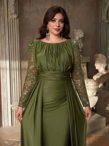Aureia Plus-Size Elegant Olive Green Winter Formal Evening Formal Dress,Luxurious Sequined Satin Round Collar Gathered Waist Slim Fit Fishtail Hem,Draped - Green - View 3