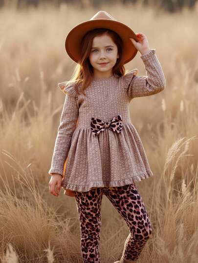 Emery Rose Kids Emery Rose Kids 女童豹纹针织纯色圆领拼布豹纹蝴蝶结毛衣和豹纹裤两件套，适合秋冬季，适合日常休闲、运动、上学和派对、幼儿女孩、生日女孩、万圣节、返校、妈妈和我