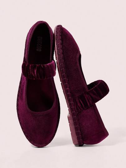 CUCCOO DOLLMOD Zapatos planos de mujer tipo Mary Jane de terciopelo burdeos, con correa elástica clásica y cómoda. Elegantes y de moda para Navidad