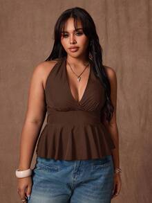 Rustia Plus Size Women Wide Strap Halter Neck Ruffle Hem Cinched Waist Casual Tank Top, Suitable For Work And Daily Wear Casual