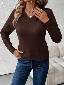 SHEIN Clasi Sweater Lengan Panjang Leher V Wanita, Atasan Lengan Panjang untuk Musim Gugur/Dingin, Pakaian Musim Gugur untuk Wanita - Mocha Brown - View 5