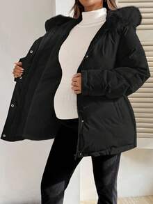 SHEIN Maternity Fashionable Versatile Drawstring Waist Faux Fur Hooded Jacket, Winter - Black - View 8