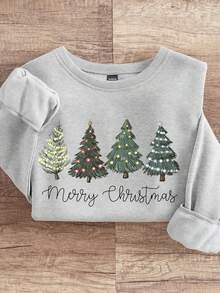 INAWLY Christmas Tree Print Loose Plus Size Crew Neck Sweatshirt, Casual For Plus Size, Autumn/Winter - Grey - View 1