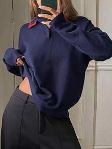 DAZY Kontrastreicher Rüschenkragen, locker sitzender Langarm Pullover, lässiger Strickpullover für Damen, Herbst/Winter