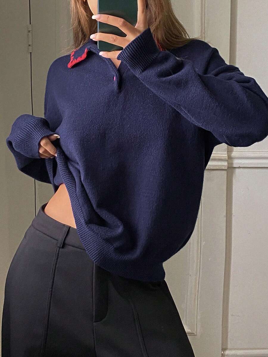 DAZY Kontrastreicher Rüschenkragen, locker sitzender Langarm Pullover, lässiger Strickpullover für Damen, Herbst/Winter