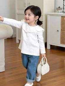 SHEIN Girls Ribbed Fabric Long Sleeve T-Shirt With Lace Trim Collar, Comfortable Casual Elegant Fashion, Suitable For Spring, Autumn, Winter - White - View 4