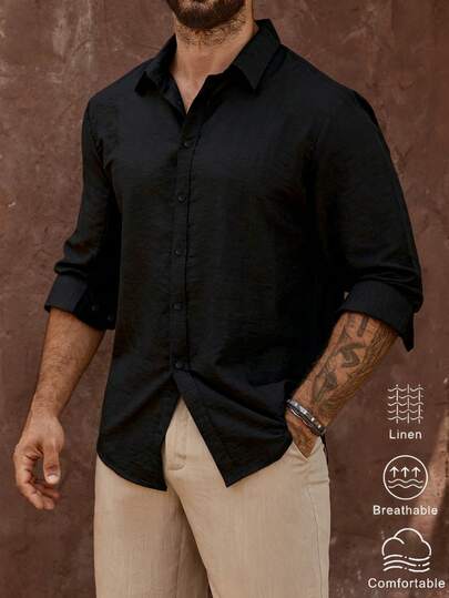 Manfinity Homme Men's Mature Vacation Linen Blend Long Sleeve Shirt