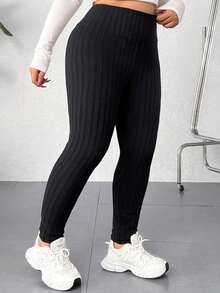 SHEIN EZwear Quần legging cạp cao màu đen đa năng thường ngày cỡ lớn - màu đen - Xem 4