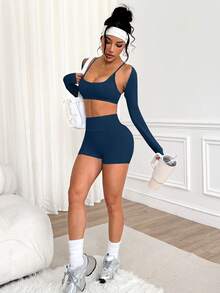 Slayform Bộ 3 món áo khoác tay ngắn siêu nhẹ thời trang nữ, áo ngực thể thao dây mảnh chéo lưng và quần short bó sát - Màu xanh hải quân - Xem 6