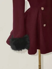 SHEIN ICON Women's Elegant Double-Breasted Flared Faux Fur Patchwork Jacket, Autumn/Winter Winter - Burgundy - View 8