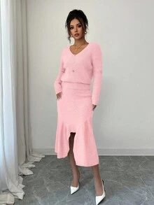 Elenzga Bộ 2 áo len dệt kim tay dài cổ chữ V thanh lịch dành cho nữ - Hồng - Xem 4