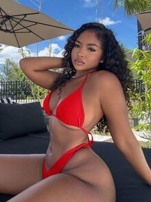 Alexandranx 2 件套女士纯色露背性感比基尼泳装套装，夏季海滩 - 紅色 - 查看 1