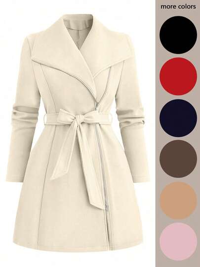 SHEIN Clasi Plus Size Women's Casual Everyday Commute Fashion Large Lapel Zip-Up Belted Jacket, Autumn/Winter