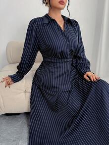 Modelyn Set casual da 2 pezzi da donna taglie forti, composto da camicia a maniche lunghe a righe con bottoni e gonna a-line