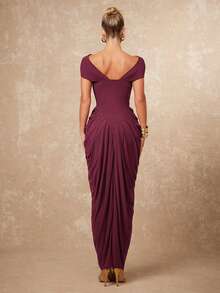 Lumalex 早春情人节浪漫金属装饰抹胸褶皱连衣裙，适合派对、宴会、正式场合、新年夜等优雅场合。 - 酒紅色 - 查看 5