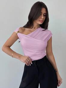 Firerie Women's Asymmetric Shoulder Wrap Ruched Waist Tight Fit T-Shirt, Elegant Modest Daily Commute, Spring/Summer