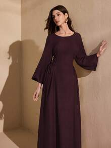 Graceveil 春秋季简约纯色圆领抽绳系带阿拉伯长裙 - 酒紅色 - 查看 3