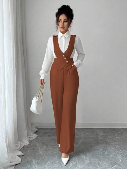 Elenzga 女士优雅通勤简约纯色连体裤