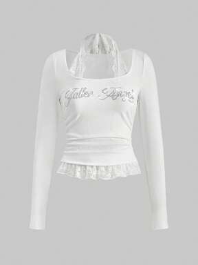 ROMWE Avant Garbage Punk Brother Letter Rhinestone & Lace Patchwork Crew Neck Fitted Women Long Sleeve T-Shirt