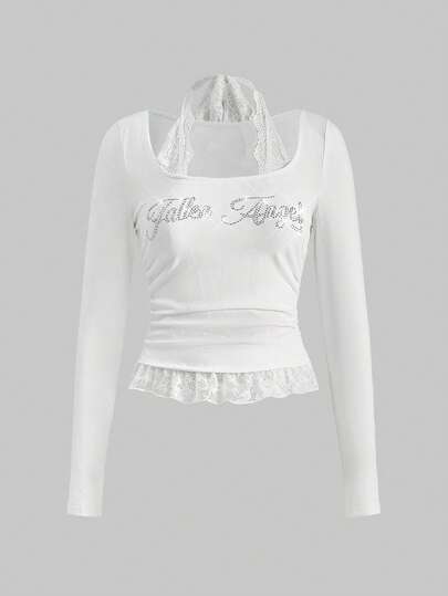 ROMWE Avant Garbage Punk Brother Letter Rhinestone & Lace Patchwork Crew Neck Fitted Women Long Sleeve T-Shirt