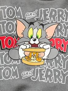 TOM & JERRY X SHEIN 年轻男孩休闲日常通勤卡通字母图案超大落肩卫衣，灰色