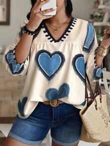 Weeklong Random Print Plus Size V-Neck Long Sleeve Shirt