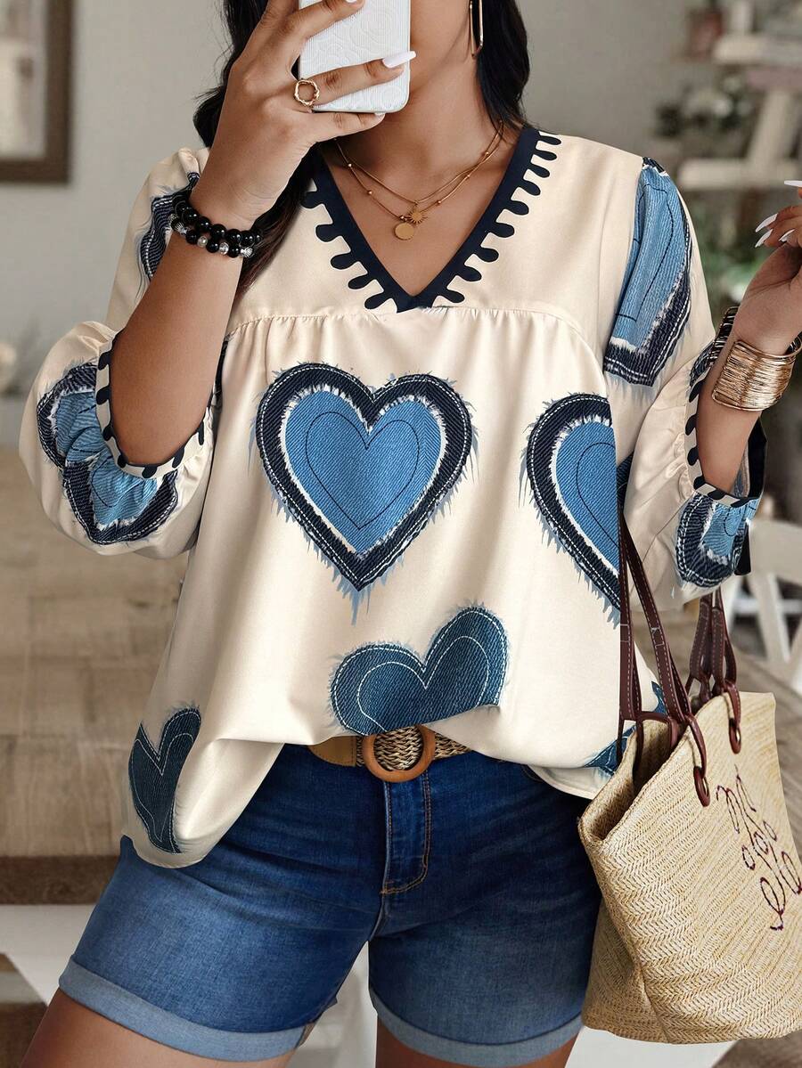 Weeklong Random Print Plus Size V-Neck Long Sleeve Shirt