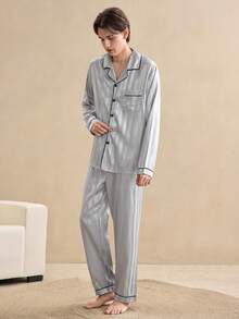 EverLounge Faux Silk Jacquard Men's Long Sleeve Front Button Contrast Trim Top & Pants Casual Loungewear Set, Winter Clothes - Grey - View 1