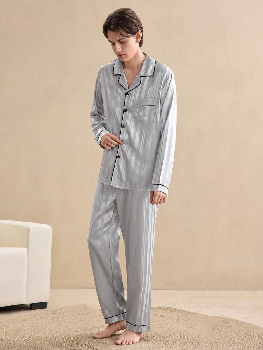 EverLounge Faux Silk Jacquard Men's Long Sleeve Front Button Contrast Trim Top & Pants Casual Loungewear Set, Winter Clothes - Grey - View 1