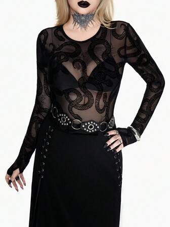 Breakform Damtopp i mörk gotisk stil med flockad mesh och ormmönster, rund halsringning, långärmad och åtsittande, sexig, lämplig för dagliga utflykter och festivaler.