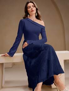 Anewsta Elegant Navy Blue Shoulder Cutout Long Sleeve Knit Patchwork Embroidered A-Line Dress For Women,Autumn Dining Wedding Guest Party Formal Chic Style - Navy Blue - View 3