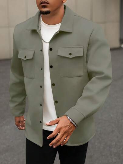 Manfinity Homme 男士加大码长袖羊毛混纺衬衫式外套，浅色