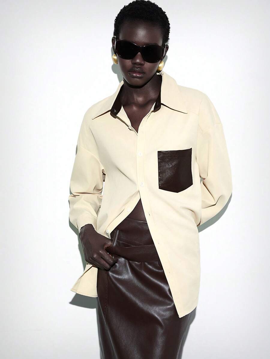 Lumivelle Winter Clothes For WomenWomen's Casual Turndown Collar Long Sleeve PU Leather Decor Shirt Classy Shirts Leather Shirt