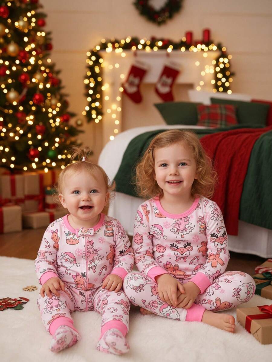 2pcs Girls Christmas Tree Print Long Sleeve Snug Fit Pajama Set, Pink Girls Christmas Pajamas Matching Pajama Set For Kids Gingerbread Pajamas - Baby Pink - View 1