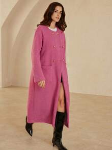 Aveloria Rosie Thickened Textured Fabric Round Neck Double-Breasted Long Commuter Jacket - Pink - View 1