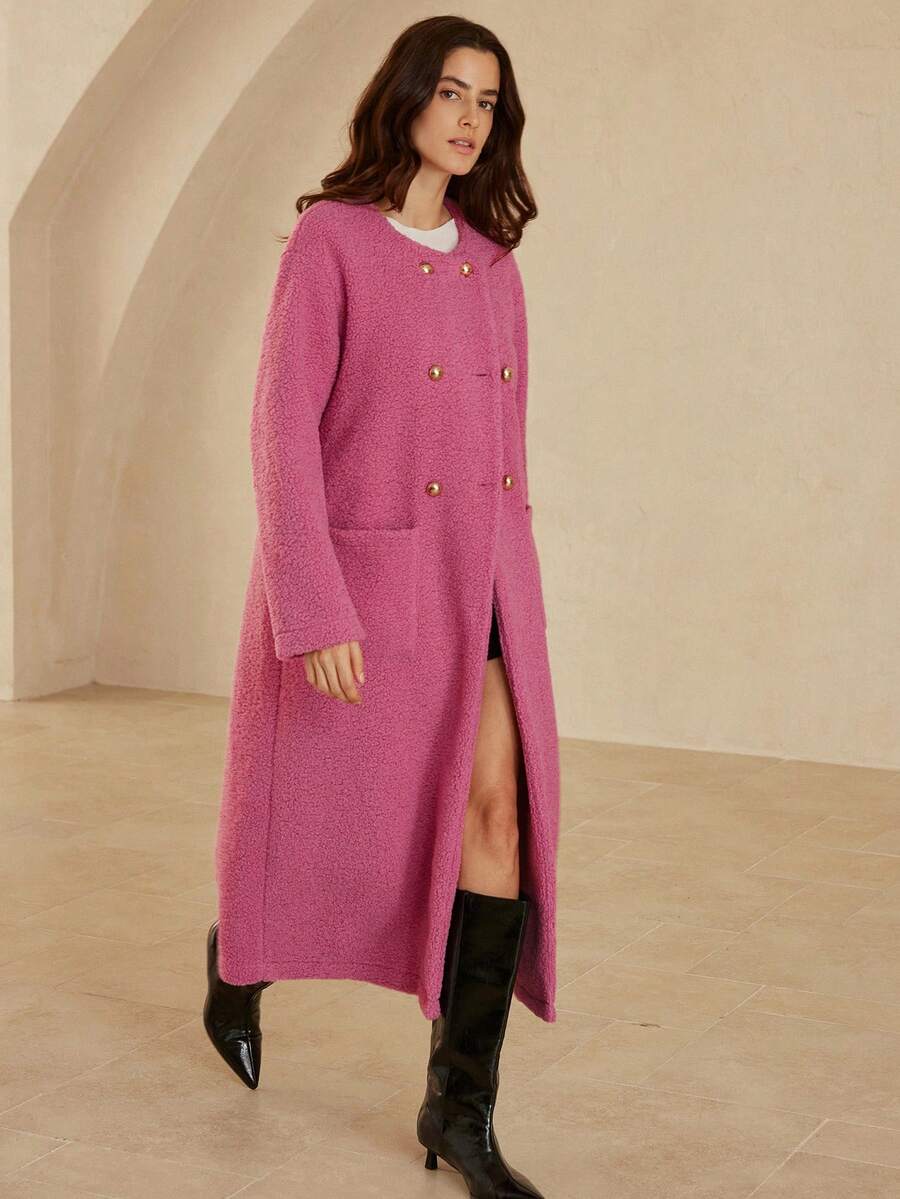 Aveloria Rosie Thickened Textured Fabric Round Neck Double-Breasted Long Commuter Jacket - Pink - View 1