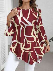 EMERY ROSE Plus Size Asymmetric Hem Allover Print Shirt, New Year Clothes - Red - View 3