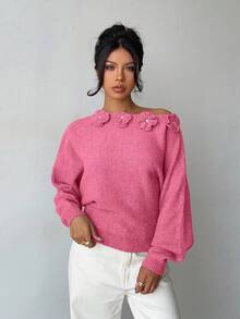 Elenzga Women's Elegant Floral Rhinestone Decor Asymmetric Shoulder Solid Color Sweater