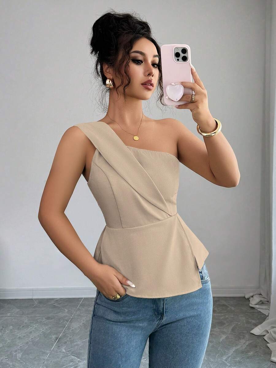 Elenzga Camiseta sin mangas de unicolor con bajo asimétrico para uso diario en verano - Caqui - Ver 1