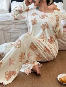 SHEIN Bộ đồ ngủ tay dài in hình gấu và nơ dễ thương cỡ lớn cho nữ, quần áo mùa đông - Màu be - Xem 4
