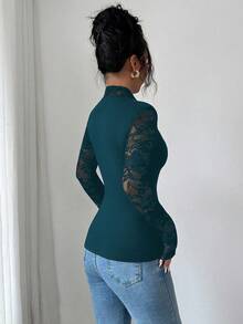 Elenzga 女士时尚优雅高弹蕾丝拼接衬衫，收腰修身纯色长袖上衣 - 水鴨藍 - 查看 2