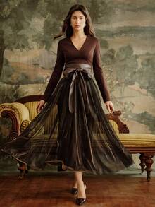 Anewsta Elegant Vintage Elegant V-Neck Long Sleeve Fitted Waist Belt Shiny Mesh Flared Dress For Women, Autumn/Winter - Brown - View 7