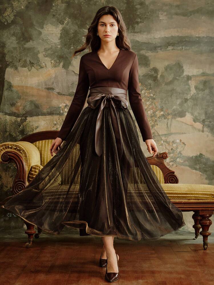 Anewsta Elegant Vintage Elegant V-Neck Long Sleeve Fitted Waist Belt Shiny Mesh Flared Dress For Women, Autumn/Winter