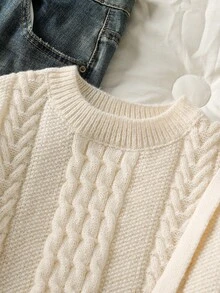 Mädchen Minimalistischer strukturierter modischer süßer Schleife Seitenschlitz Rundhals Grobstrick Langarm Pullover, geeignet für Herbst/Winter