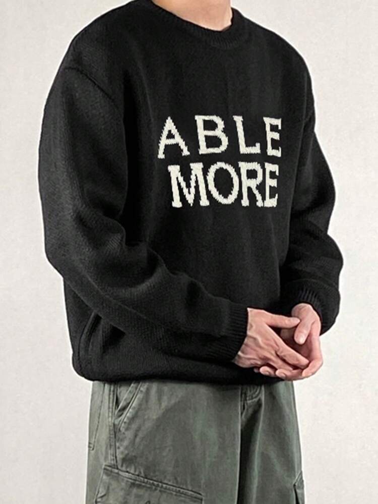 Men's Letter Jacquard Knit Sweater, Black Round Neck, Autumn/Winter