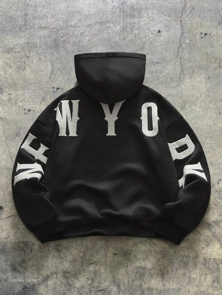 AXEPEAK Sudadera con capucha de hombre para otoño e invierno, versión holgada con bordado de letra en toalla de moda - Negro - Ver 1