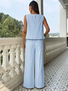 KARISMINA 2 件套女士纯色梭织修身背心和高腰宽松直筒裤套装春季女士热带度假服装亚麻 - 藍色 - 查看 9
