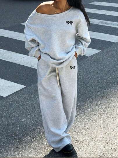 SHEIN EZwear 2pcs Women Loose Butterfly Print Off Shoulder Sweatshirt And Wide Leg Sweatpants Set, Casual Outfit Suitable For Autumn/Winter, Outdoor And Street Wear Graphic