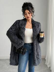 SHEIN 大码女式仿毛领毛绒夹克，优雅秋冬装